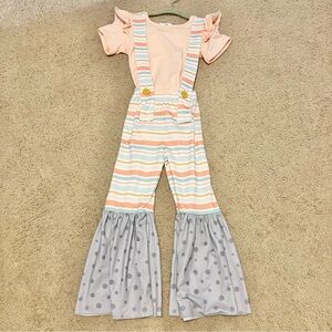 TwoCan peach and periwinkle polka dot bell bottom suspender set Sz 4T LIKE NEW